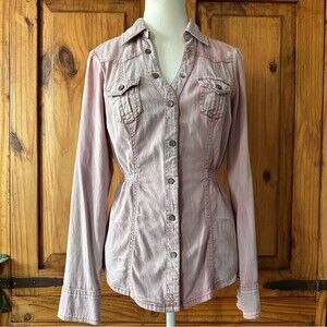 Vintage Y2K Guess Los Angeles Faded Washed Pink Button Up Shirt Cinch Waist - M